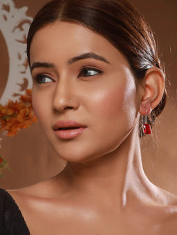 Saraf RS Jewellery - Silver Toned Oxidised Ruby Red Solitaire Minimal Fish Hook Earrings