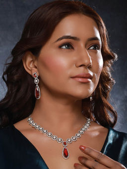 Saraf RS Jewellery - Silver Rhodium Red Zircon Pearl Beaded Designer Necklace Jewellery Set