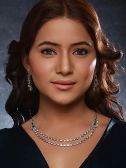 Saraf RS Jewellery - Silver Plated Green Zircon Studded Double 2 Lined Bridal Luxe Jewellery Set