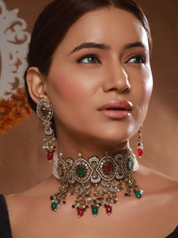 Saraf RS Jewellery - Gold Plated Kundan Studded Multicoloured Bridal Necklace Jewellery Set