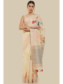 Soch - Women Yellow Linen Printed Saree with Unstitched Blouse