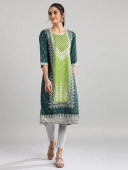 Aurelia - Green Round Neck Printed Kurta