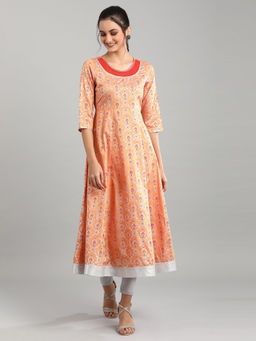 Aurelia - Peach Round Neck Printed Kurta