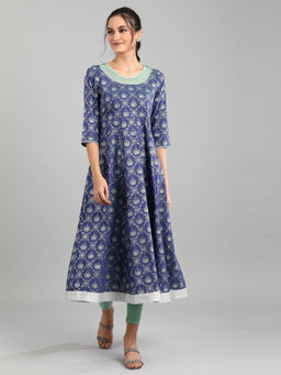 Aurelia - Blue Round Neck Printed Kurta
