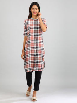 Aurelia - Peach Collar Neck Checked Kurta