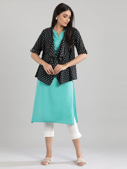 Aurelia - Blue Round Neck Yarn- Dyed Kurta