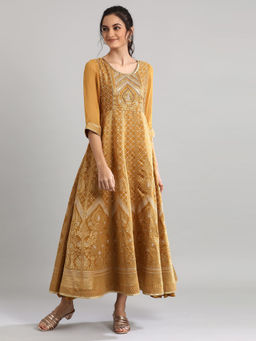 Aurelia - Golden Round Neck Printed Dress