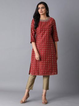 WISHFUL by W - Dark Red Jacquard Kurta