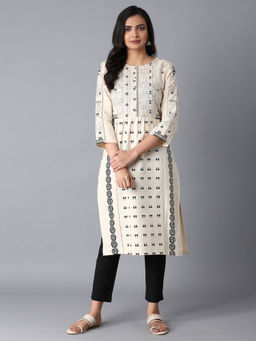 W - Beige Printed Kurta