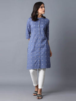 W - Women Blue Printed Cotton Straight Kurta