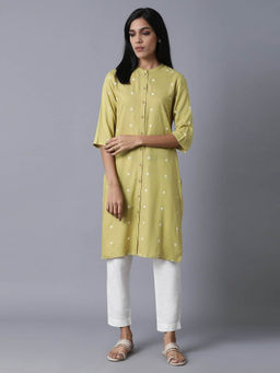 W - Women Purple Floral Print Rayon Straight Kurta