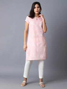 W - Women Pink Floral Print Cotton Straight Kurta