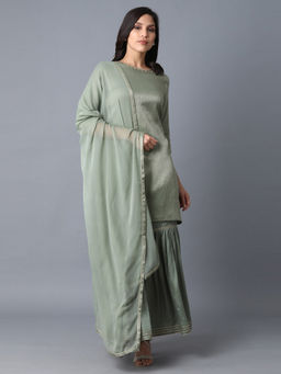 W - Green Embroidered Kurta Sharara And Dupatta (Set Of 3)