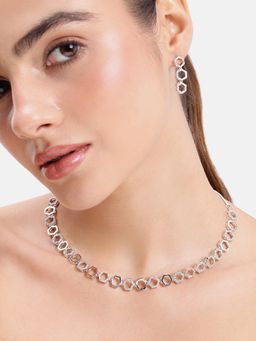 Estele - White Cz Hexagon Design Rhodium Plated Jewellery Set