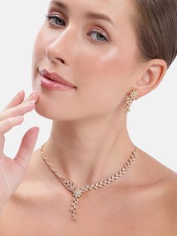 Estele - Gold Plated Cz White Leaf Pattern Jewellery Set