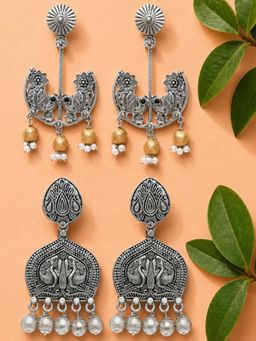 Fabula - Oxidised Silver Ethnic Drop Earrings (Pack Of 2)