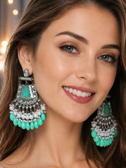 Fabula - Turquoise Oxidised Silver Tone Jaipur Stones And Kundan Earrings