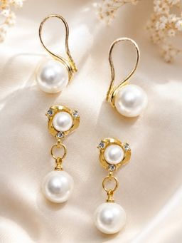 Fabula - Gold Tone White Pearl Fashion Delicate Drop Earrings (Pack Of 2)