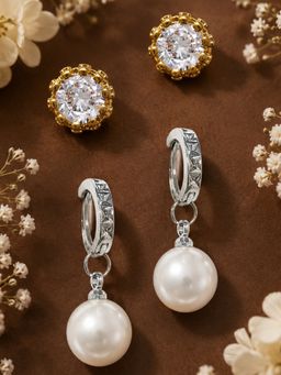 Fabula - Pearl And Crown Cubic Zirconia Small Stud And Drop Earrings (Pack Of 2)