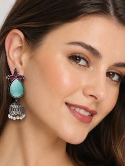 Fabula - Mint Green Monalisa Stone Oxidised Silver Jhumka Earrings