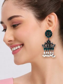 Fabula - Green Stone And Pearls Peacock Design Oxidised Silver Drop Earrings