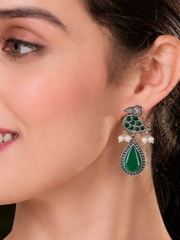 Fabula - Green Stone Oxidised Silver Drop Earrings