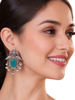 Fabula - Green Stone And Pearls Peacock Design Oxidised Silver Drop Earrings