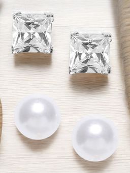 Fabula - Square Cubic Zirconia Pearl Ear Stud Earrings (Pack Of 2)