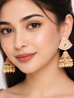 Fabula - Pink Meenakari Enamel Kundan Floral Jhumka Earrings