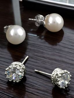 Fabula - Round Crown Cubic Zirconia And Pearl Ear Stud Earrings (Pack Of 2)