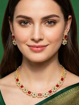 Fabula - Traditional American Diamond And Faux Ruby Jewellery Set