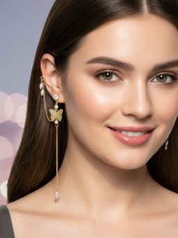 Fabula - Gold Tone Butterfly Pearl Chain Fashion Earrings