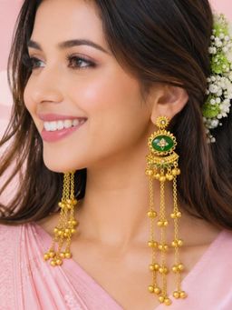 Fabula - Green Long Ghungroo Detailing Kashmiri Drop Earrings