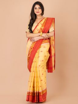 LAA CALCUTTA - Beige and Red Pure Cotton Tant Saree