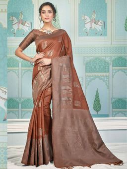 EXCLUSIVA - Brown Cotton Saree with Unstitched Blouse