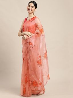Vastranand - Red Floral Organza Saree with Unstitched Blouse