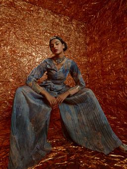 Nirmooha - Velvet Printed Tie Up Top With Printed Chiffon Sharara (Set of 2)