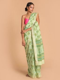 Indethnic - Green Floral Cotton Blend Saree with Unstitched Blouse