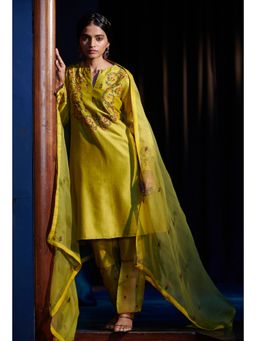 SHIKHA MEHTA - Lime Sahar Kurta with Pant and Dupatta (Set of 3)