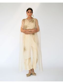 SHIKHA MEHTA - Beige Zoe Blouse with Cape and Pant (Set of 3)