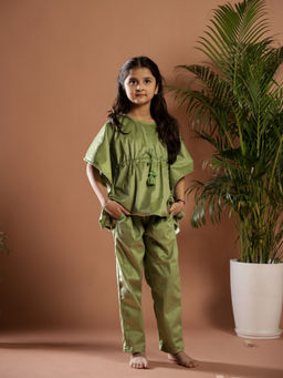 SAY - Velvet Green Regular Fit Pyjamas and Kaftan Night Suit (Set of 2)