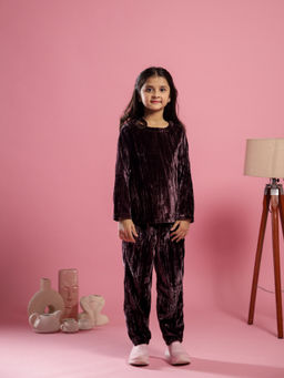 SAY - Velvet Purple Regular Fit Pyjamas and Kaftan Night Suit (Set of 2)
