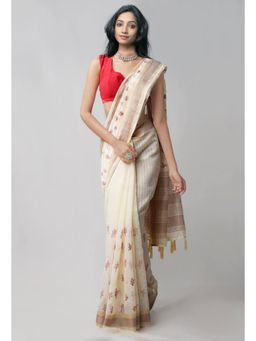 Unnati Silks - Cream Cross Stitched Embroidered Sico Saree with Unstitched Blouse