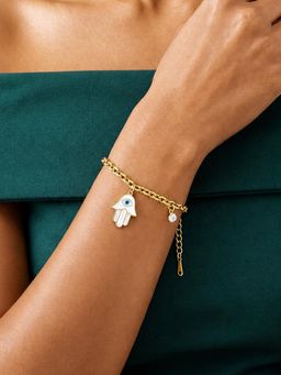 ARTKLIM - Hamsa Evil Eye Crystal Charm Gold-Tone Anti-Tarnish Bracelet