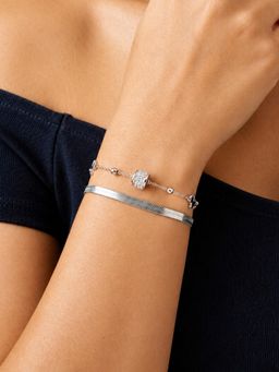 ARTKLIM - Silver-Tone Clover Double Layer Crystal Charm Anti-Tarnish Bracelet