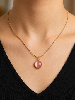 ARTKLIM - Rose Quartz Round Gem Anti-Tarnish Pendant Necklace