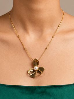 ARTKLIM - Pearl Bow Heart Charm Anti-Tarnish Pendant Necklace