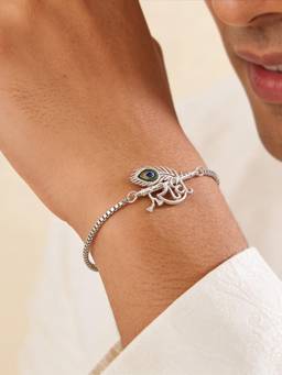 TOUCH925 - Pure 925 Silver Radhe Flute Morpankh Silver Unisex Bracelet