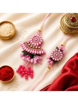 ISHKAARA - Premium Pink Petal Kundan Thread Rakhi With Lumba