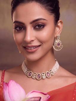 Niscka - Gold Plated Lavender Stone Pearl Kundan Jewellery Set